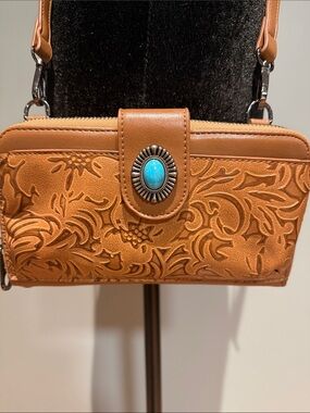 Women's Tan Tooled Crossbody Bag with Turquoise Accent